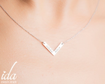 Sterling Silver Necklace - Two Name Necklace - V Necklace - Couples Gift - Personalized Gift For Her - Engraved Necklace - Simple Necklace