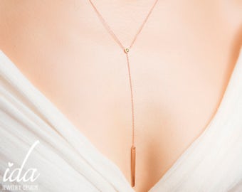 Rose Gold Lariat Necklace - Personalized Bar Necklace - Y Necklace - Drop Necklace - Long Necklace - Name and Birthstone Necklace