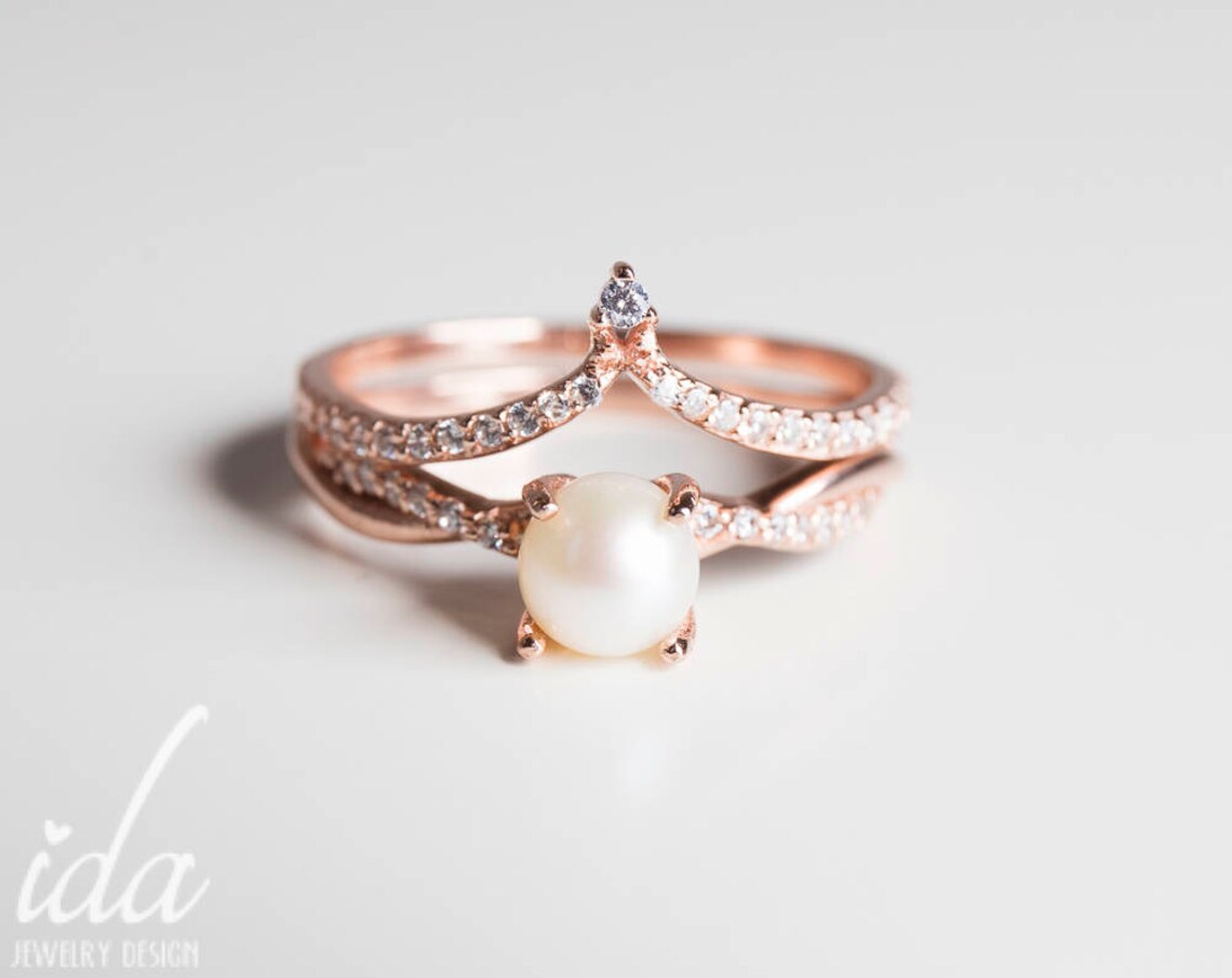 Rose Gold Pearl Engagement Ring Set Womens Rings Rings For image 1