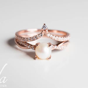 Rose Gold Pearl Engagement Ring Set - Womens Rings, Rings For Women, Wedding Rings Women, Wedding Ring Set Rose Gold, Unique Engagement Ring