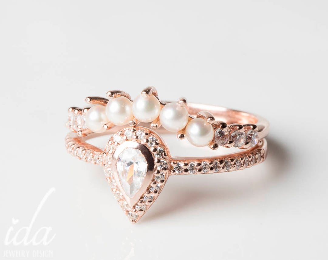 Buy Wedding Ring Set, Wedding Band, Pearl Ring, Pear Shaped