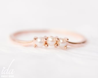 14k Rose Gold Pearl Wedding Ring, Pearl Ring, Wedding Band, Minimalist Dainty Ring, Promise Ring,  Engagement Rings for Women