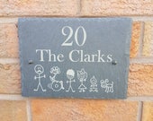 Slate house plaque, personalised, stick men, house sign, family name, gift.
