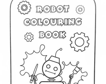 Robot colouring book, Digital, printable colouring book, 12 pages Robot illustrations