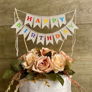 cake topper festone striscione banner tela tessuto iuta lino stoffa oro argento arcobaleno mini ghirlanda bandierine buon primo compleanno