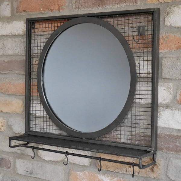 Industrial Rustic Mirror with Shelf & Hooks