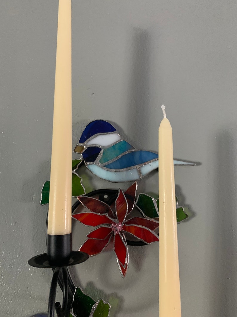 Stained Glass Chickadees in Christmas /poinsettia Flowers 19 x 8 Etsy