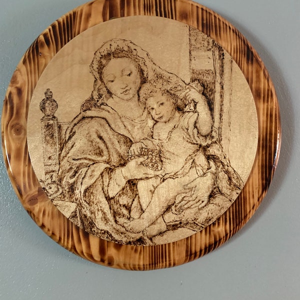 Virgin Mary and Jesus /pyrography wood  artwork medallion 15” diameter