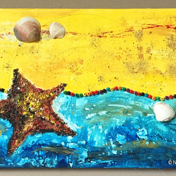 Bord de mer - peinture sur toile unique multi-techniques couleurs estivales