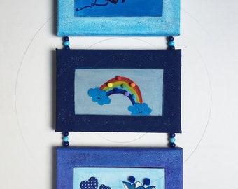 Tríptico vertical, 3 pequeños lienzos tensados con cordón de cuentas de diversas técnicas, decoración de pared