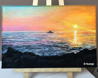 Vista llameante de las rocas... Pintura acrílica sobre bastidor de lienzo de algodón 30x20cm