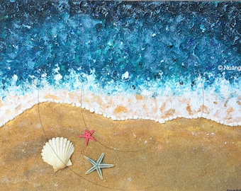 Pequeña playa - Pintura y collage sobre lienzo, bastidor único hecho a mano, lienzo multitécnica, colores de verano