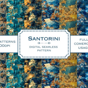 Carta digitale ispirata a Santorini Van Gogh - 6 modelli di isole greche senza soluzione di continuità - Arte in stile Vincent Van Gogh - Uso commerciale - Utilizzo completo del POD