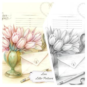 Postal vintage de tulipanes primaverales para colorear – Tarjeta imprimible para escribir cartas románticas – Tarjeta digital floral estilo shabby chic – Página para colorear tulipanes