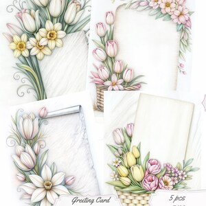 Páginas para colorear de tulipanes y narcisos vintage: 5 tarjetas de felicitación florales imprimibles. Papelería de alta calidad y sin complicaciones para diarios y regalos DIY.