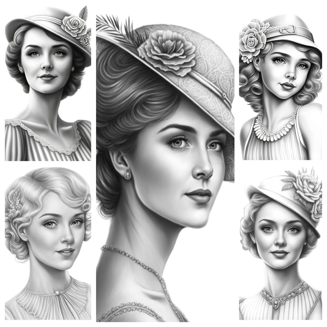 1920 Gatsby Girls Coloring Page for Adults, Beautiful Vintage Girls