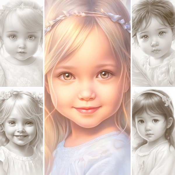 Little Beauties Coloring Pages Bundle -Beautiful eyes Baby Girls, Grayscale little girls portraits, Cute Babies Printable Art coloring pages