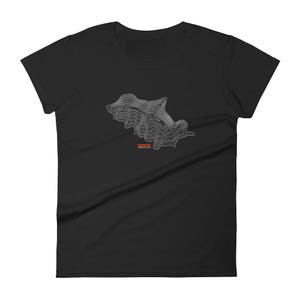 May include: Black women's t-shirt with a white topographic map design of a mountain range. The text "SUMMIT TO VICTORY" is printed in red below the map.