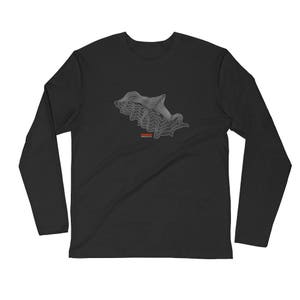 May include: Black long-sleeve shirt with a white topographic map design of a mountain range.