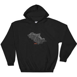 May include: Black hooded sweatshirt with a white topographic map design of a mountain range. The map is centered on the chest of the sweatshirt.