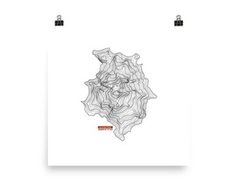 May include: A black and white topographic map of Glacier Peak, Washington, showing the mountain's elevation contours.