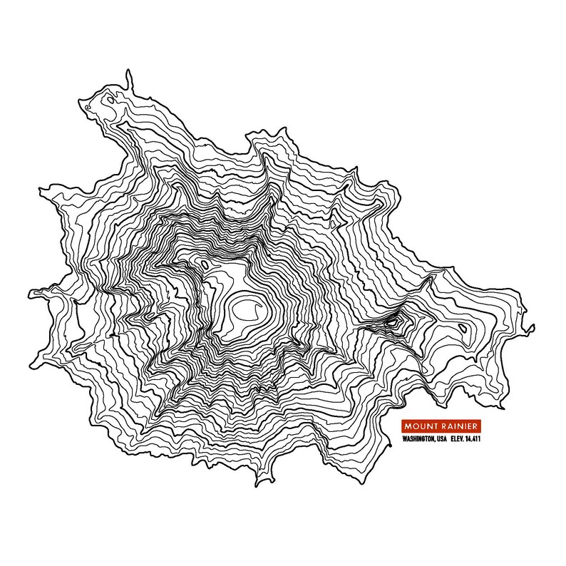 Mount Rainier Print | Mountain Art | Mountain Decor | Mountain Print | Topography Art | Modern ...