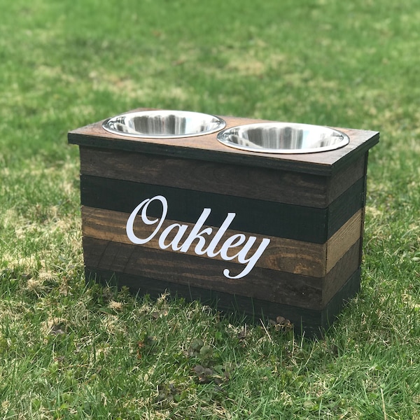 Personalized Feeding Dog Stand Brown Striped | Small, Medium, Large Custom Pet Stand | Elevated Dog Cat Feeder