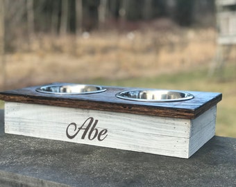 Personalized Small Cat or Dog Feeding Stand | White Wash Cat or Dog Bowl Stand