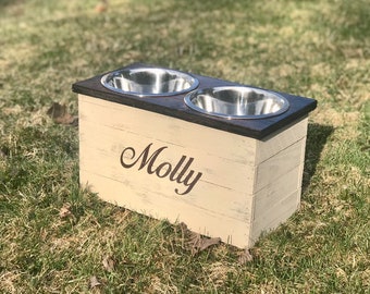 Personalized Feeding Pet Stand | Cream Colored Dog Bowl Stand | Small, Med., Large Custom Pet Stand | Elevated Dog Cat Feeder