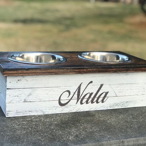 Personalized Feeding Pet Stand | White Wash Dog Bowl Stand | Small, Med., Large Custom Pet Stand | Elevated Dog Cat Feeder