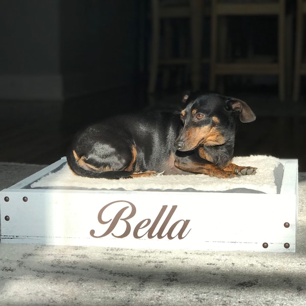 Personalized Whitewashed Small Dog or Cat Bed | Rustic Wooden Small Dog or Cat Bed