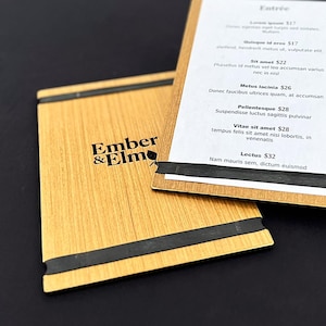 Customizable Wood Menu Board, Personalized Wood Band Menu Board, Rubber Band Menu Holder, Restaurant and Bar Menu Board