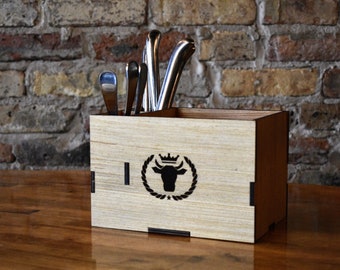 Wood Cutlery Caddy, Custom Wood Bar Cutlery Caddy, Wooden Laser Engraved Caddy