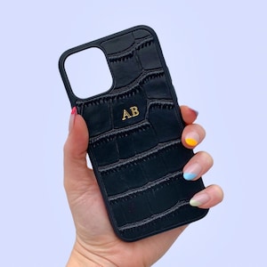 iPhone 13, 13 Pro, 13 Pro Max en iPhone 13 Mini, zwart krokodillenleer gepersonaliseerd, custom initial iPhone-hoesje, monogram initial 13-hoesje