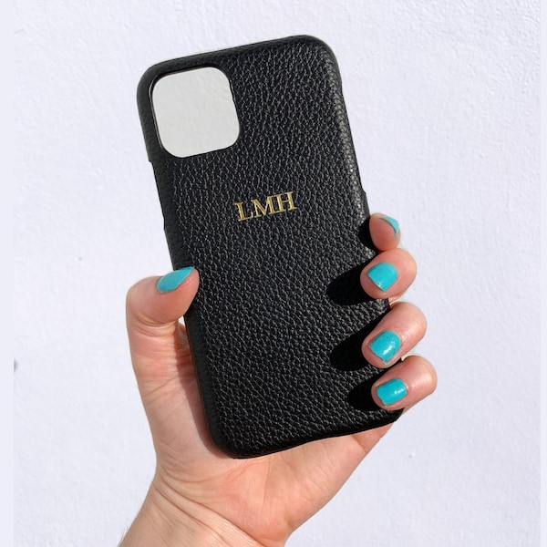 iPhone 12 Mini Case, Black Pebble Leather Custom Phone Case, Custom iPhone 12 Mini Case with Initials, Custom iPhone 12 Mini Case