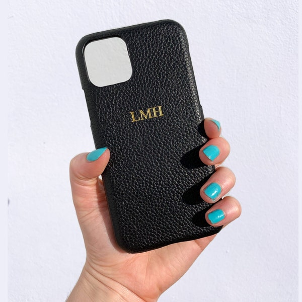 Hoesje voor iPhone 12, 12 Pro, 12 Mini en 12 Pro Max - ZWART Kiezelleer, op maat gemaakte telefoonhoes met reliëf, telefoonaccessoires met monogram