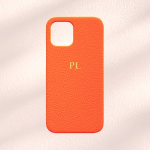 Coque iPhone personnalisée en cuir végétalien orange, coque personnalisée initiales, iPhone 14 personnalisé, coque de téléphone pour 14 Pro, 14 Pro Max, 13, 12, 11