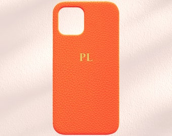 Orange Personalised Vegan Leather iPhone Case, Personalised Initials Case, Custom iPhone 14, Phone Case for 14 Pro, 14 Pro Max, 13, 12, 11