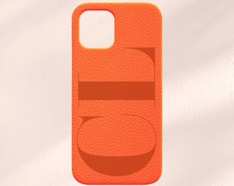 Coque d'iPhone personnalisée orange, coque de téléphone orange en cuir végétalien, coque de portable initiales, iPhone 14, 14 Pro, 13, 12, 11, coque d'iPhone personnalisée