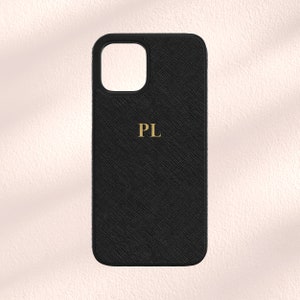 iPhone 15, iPhone 15 Pro, iPhone 15 Pro Max, 15 Plus zwart saffianoleren iPhone-hoesje met initialen, gepersonaliseerd iPhone 15-hoesje op maat