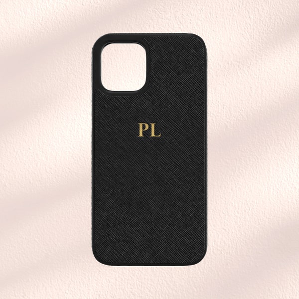 iPhone 15, iPhone 15 Pro, iPhone 15 Pro Max, 15 Plus Black Saffiano Leather iPhone Case with Initials, Personalised iPhone 15 Case Custom