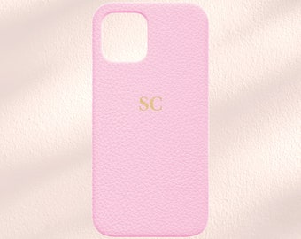 Coque pour iPhone personnalisée initiales, coque pour iPhone en cuir végétalien rose, coque personnalisée pour iPhone 14, 14 Pro, 14 Pro Max, 13, 13 Pro, 13, 12, 11, XR