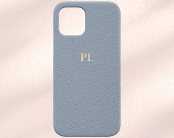 Personalised Blue Vegan Leather iPhone Case, Custom Phone Case for iPhone 13, 13 Pro, 12, 12 Pro, 11, 13 Pro Max Pebble Leather Monogram