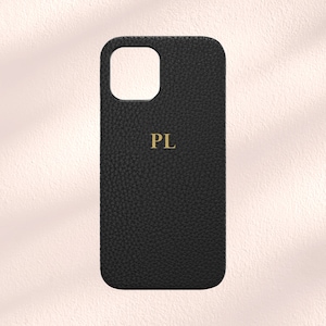 Gepersonaliseerde zwart vegan lederen iPhone-hoesje, iPhone 13-hoesje, iPhone 12-hoesje, iPhone 11-hoesje, eerste zwarte telefoonhoesje monogram aangepast hoesje