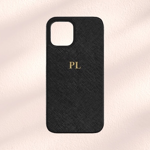 Zwart saffianoleren telefoonhoesje, gepersonaliseerd veganistisch iPhone-hoesje, iPhone 13, 13 Pro, 12 en 11 hoesje, monogram initialen aangepaste iPhone