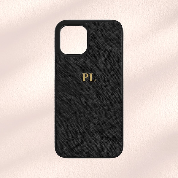 Black Saffiano Leather Phone Case,  Personalised Vegan iPhone Case,  iPhone 13, 13 Pro, 12 and 11 Case, Monogram Initials Customised iPhone