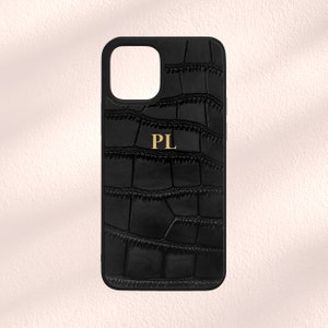 Gepersonaliseerde leren telefoonhoes, Black Croc-hoesje voor iPhone 14, monogram gegraveerd iPhone 13, iPhone 12, iPhone 11, monogram initialen hoesje