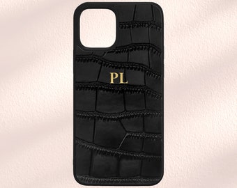 Personalisierte Leder Handyhülle, Schwarze Kroko Hülle für iPhone 14, Monogramm Graviert iPhone 13, iPhone 12, iPhone 11, Monogramm Initialen Hülle