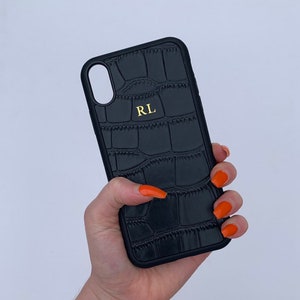 Coque de portable en cuir croco noire gaufrée personnalisée pour iPhone X Xs Xr Max 8 PLUS 7 monogramme initial personnalisé couverture personnalisée or image 1