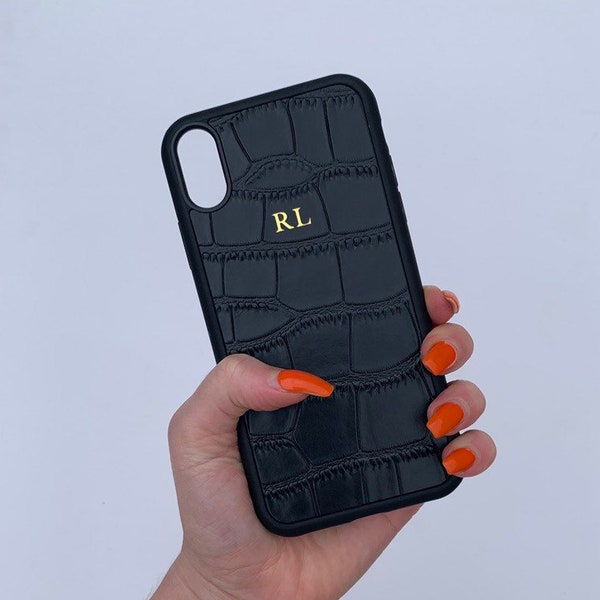 Black Croc Leather Phone Case Embossed Personalised for iPhone X Xs Xr Max 8 PLUS 7 Initial Monogram Custom Personlised Cover Gold